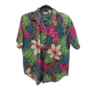 Ivory Miami Vintage Hawaiian Print Button Up Blouse Women Large Oversized Floral